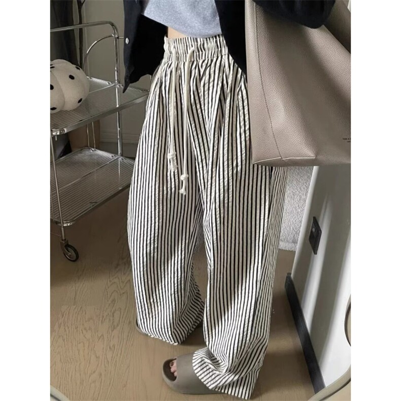 黑白竖条纹裤男女夏季休闲宽松小个子遛弯裤慵懒冰丝阔腿裤K9545,男装休闲裤,星座1116A（原606A-3）