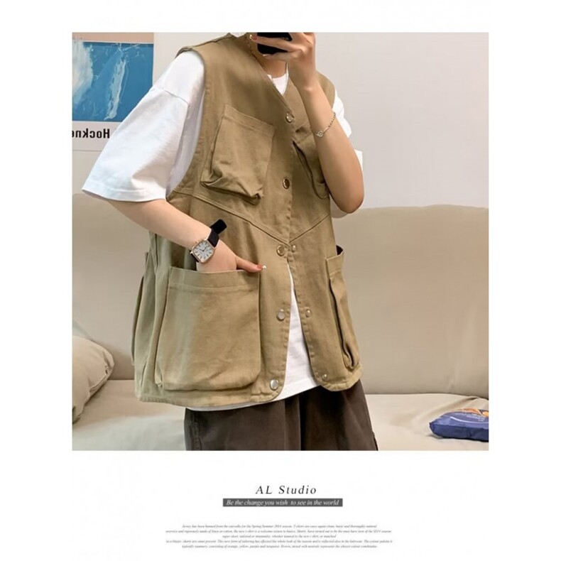 现货日系复古宽松工装马甲多口袋户外机能男女生同款露营战术背心图片