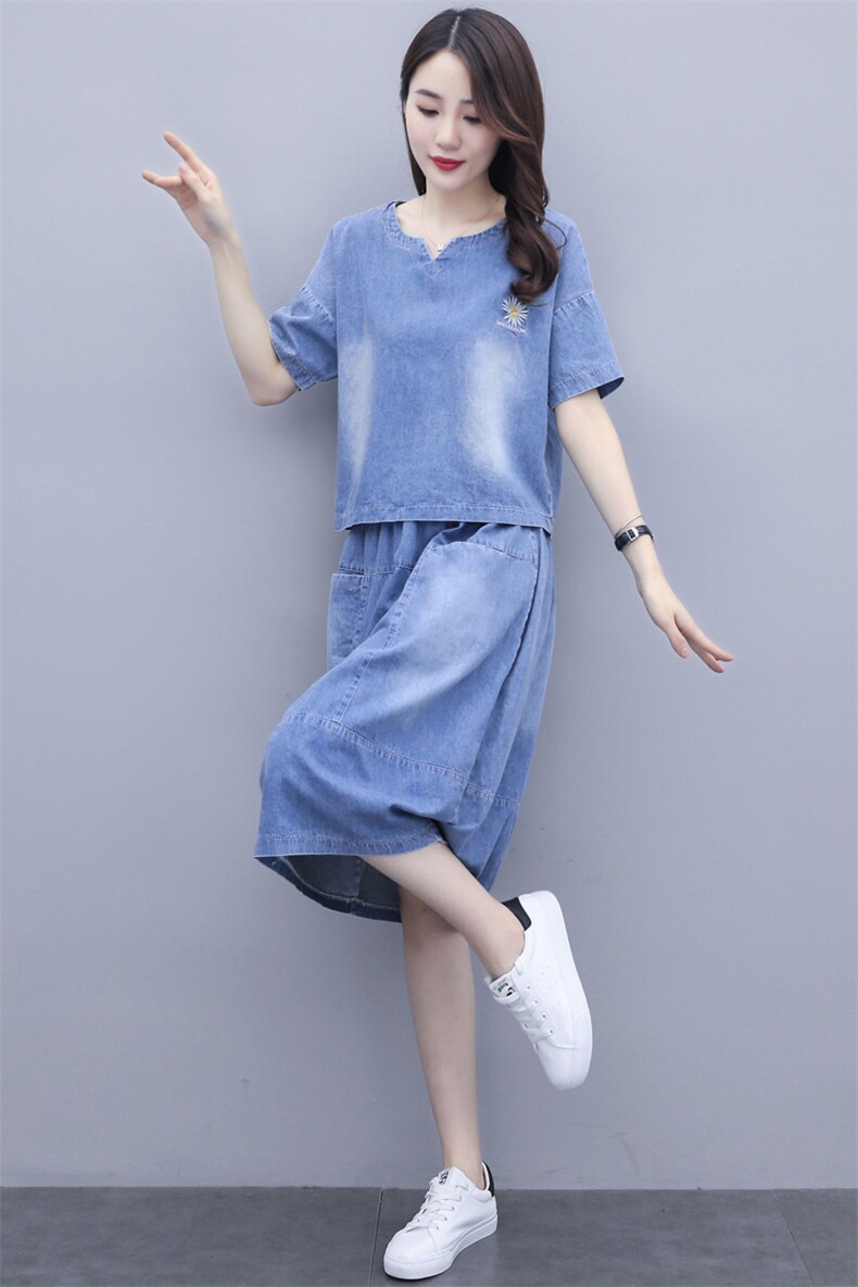 2021年夏季中腰常规时尚百搭潮流牛仔休闲裙套装,女装套装/套裙,凝聚力