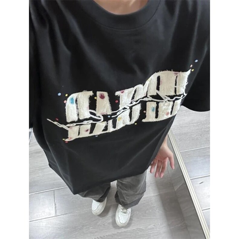 网图有货 夏季260g情侣彩色波点字母刺绣短袖宽松T恤男女A593-P40图片