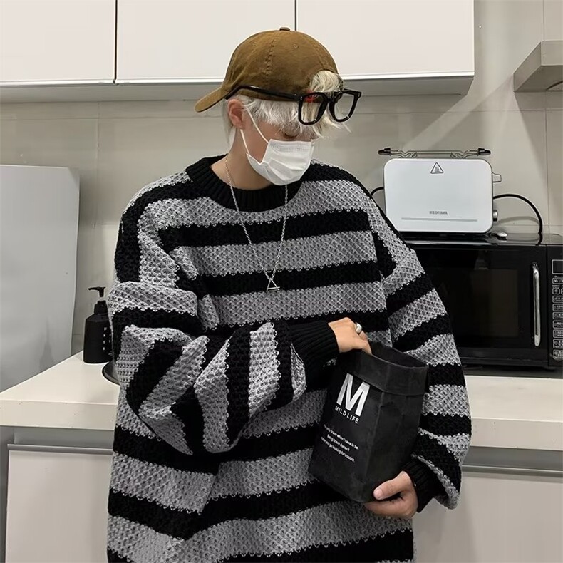 毛衣慵懒高级感男秋冬新款小众设计感条纹针织衫宽松休闲针织毛衣,男装针织衫/毛衣,星座716-4