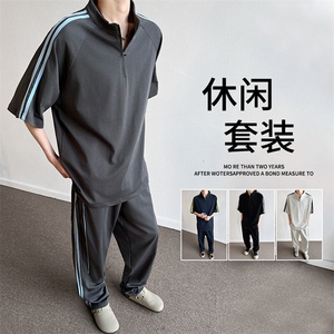 冰感重磅短袖套装男夏季宽松三杠半袖t恤衫长裤两件套图片