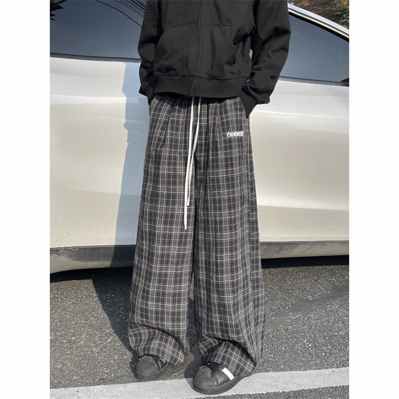 美式复古格子阔腿裤女秋季设计感高腰宽松休闲直筒垂感拖地长裤子,男装休闲裤,星座410-7