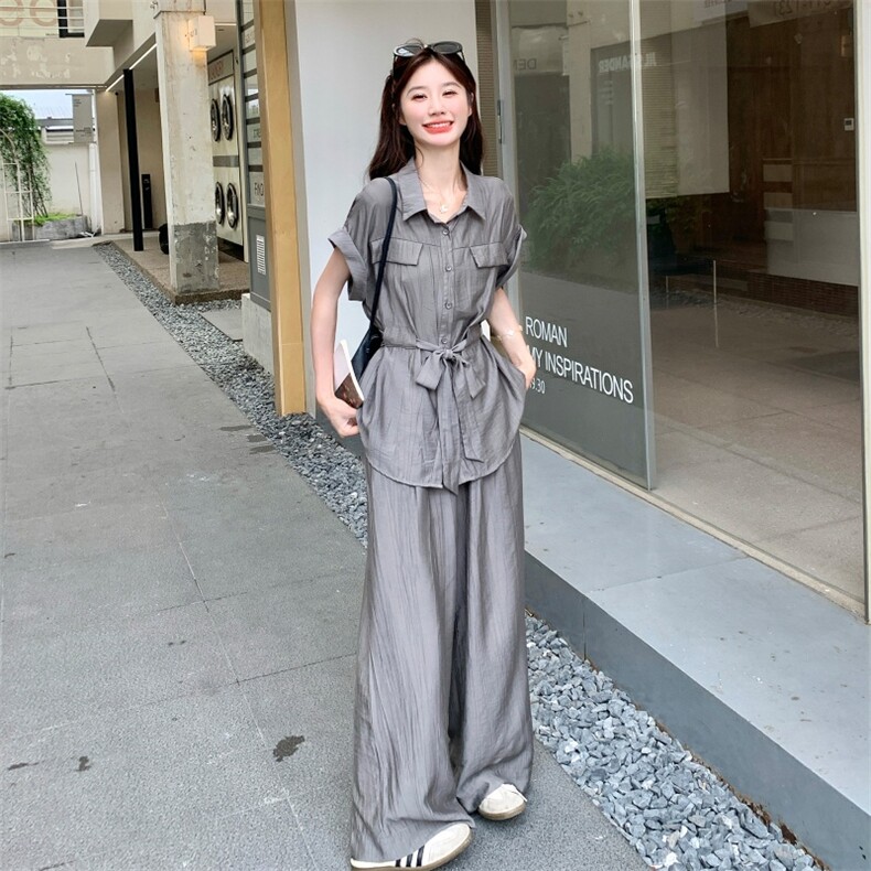 灰色衬衫套装女时尚高级感宽松阔腿裤两件套223-1376P145K218,女装套装/套裙,莘蕾