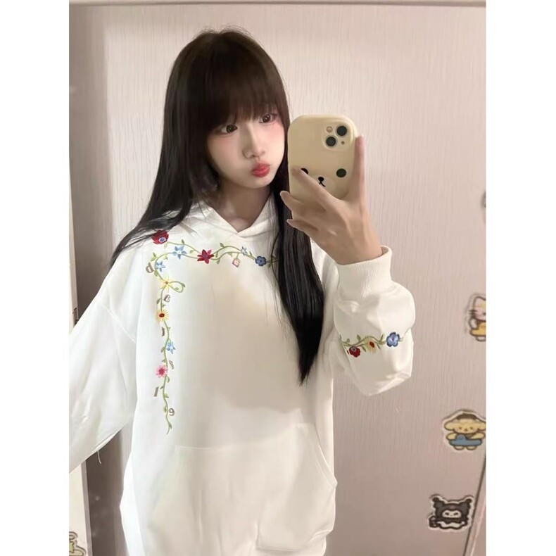 加绒款花卉刺绣连帽卫衣男女2025秋冬宽松上衣外套潮WYR1503,女装短外套,星座516A