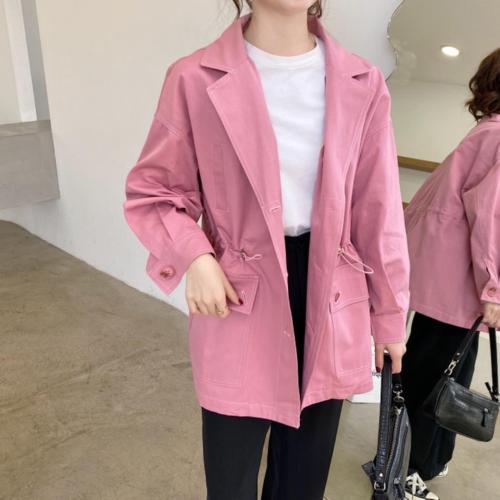 香丽迪抽绳收腰风衣女春装新款火龙果色小个子休闲外套中长款显瘦,女装风衣,香丽迪1