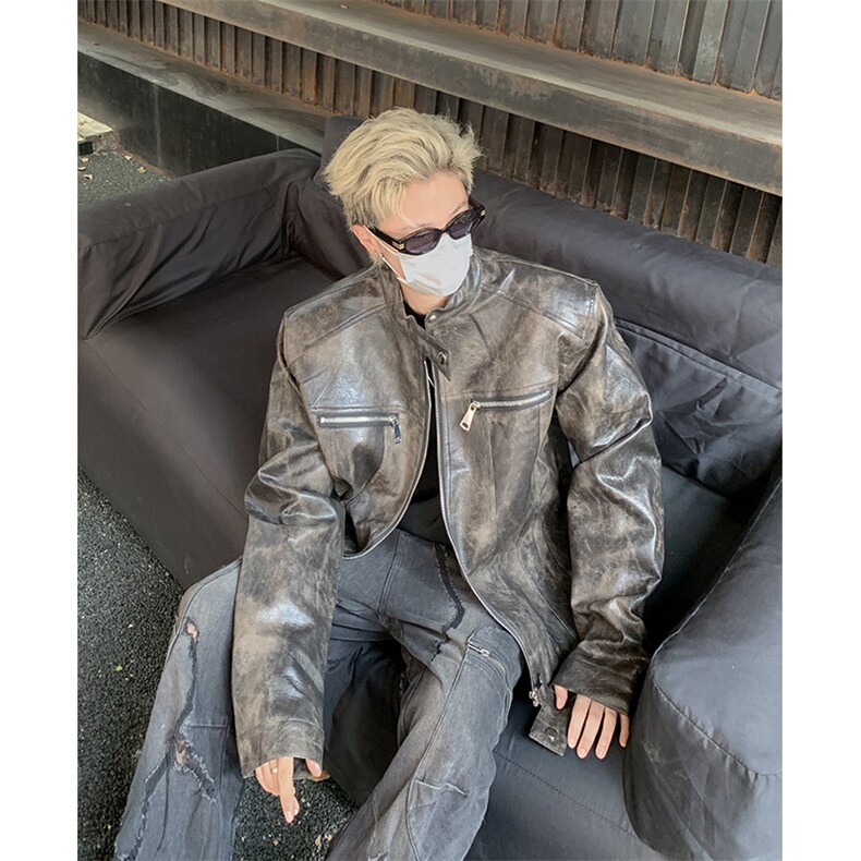 2026年新款港风美式痞帅街头小众做脏PU皮垫肩外套insJK1389-P95，女装短外套，星座313A(原308A-2)