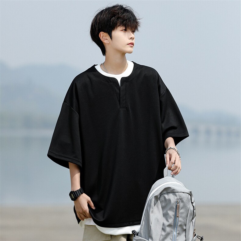 8XL-M重磅斜纹假两件短袖t恤男夏季薄款宽松大码半袖体恤DT006P45,男装T恤,电商B312