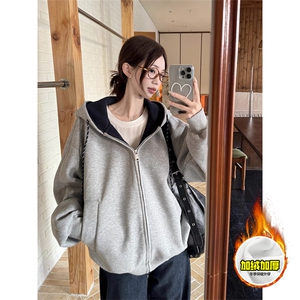 480G重磅加绒硬挺boxy男女秋冬美式高街双层撞色连帽卫衣开衫外套图片