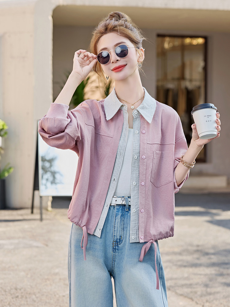 条纹拼接假两件衬衫薄外套女2025春夏新款宽松休闲百搭防晒衣上衣,女装衬衫,余墨