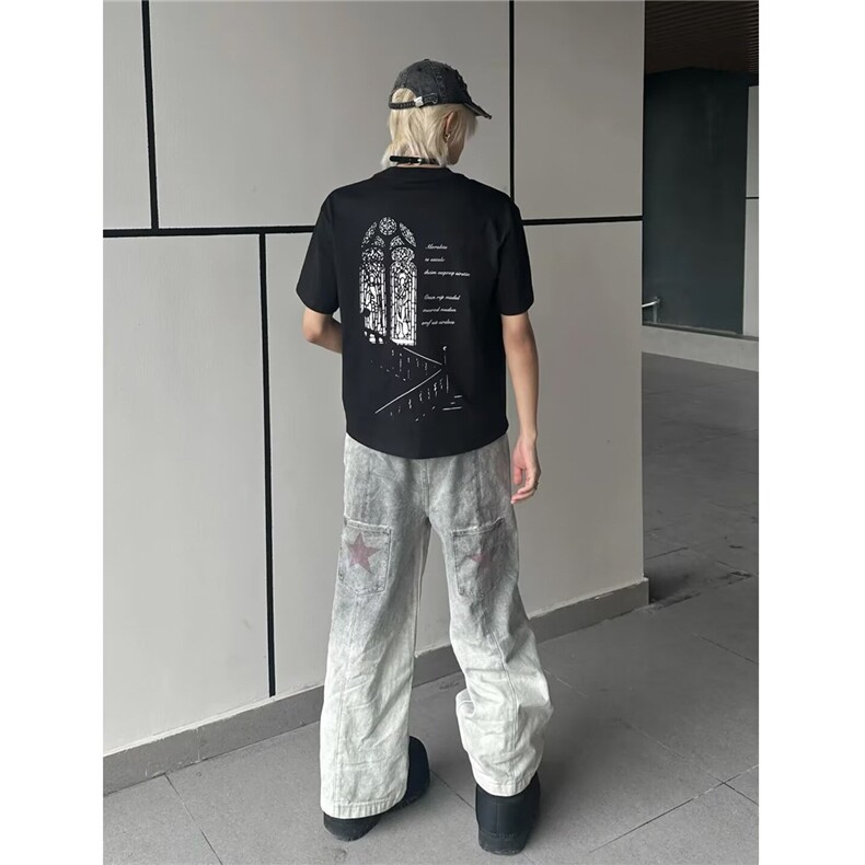 美式高街痞帅vibe风涂鸦做旧牛仔裤男潮流复古宽松直筒百搭阔腿裤,男装牛仔裤,星座506A