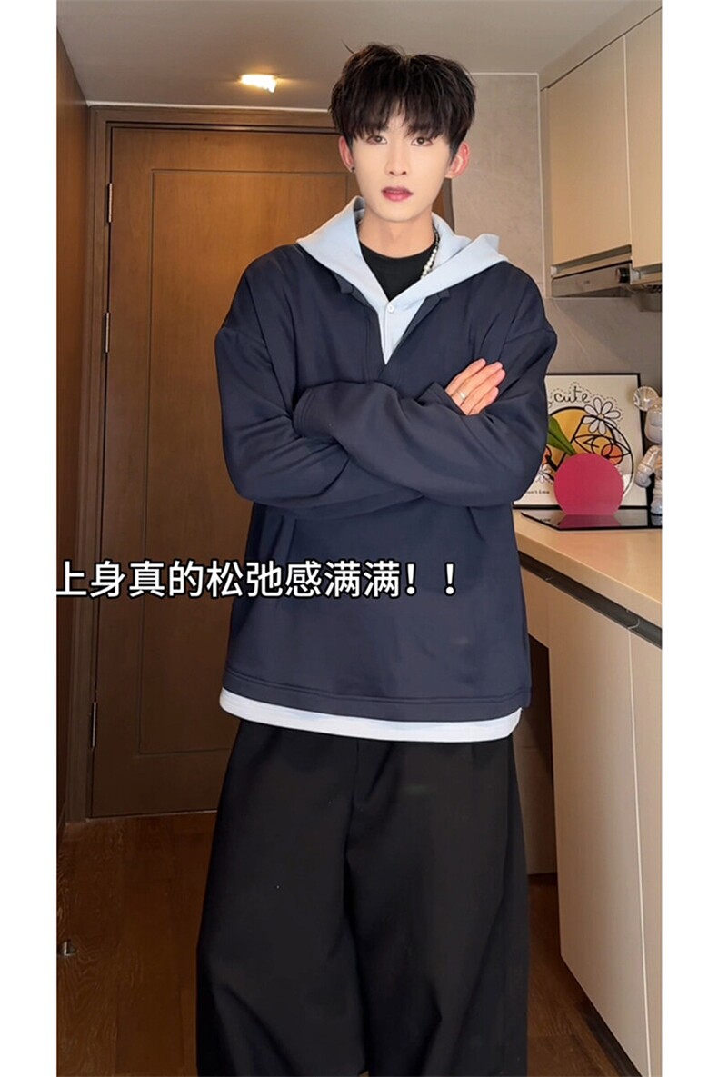 假两件拼色个性潮流连帽卫衣320克高克重情侣款百搭卫衣HY709TP48,男装卫衣,电商A102B