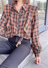 2021秋季新款复古格纹设计感木耳边带链条装饰时尚衬衫，女装衬衫，L·H·X