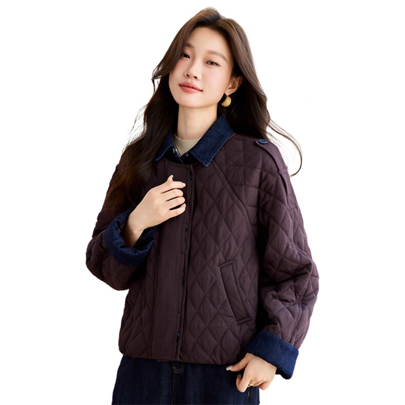 2025年冬季牛仔翻领撞色拼接菱形格夹棉棉服外套棉衣,女装棉衣/棉服,简韵佳