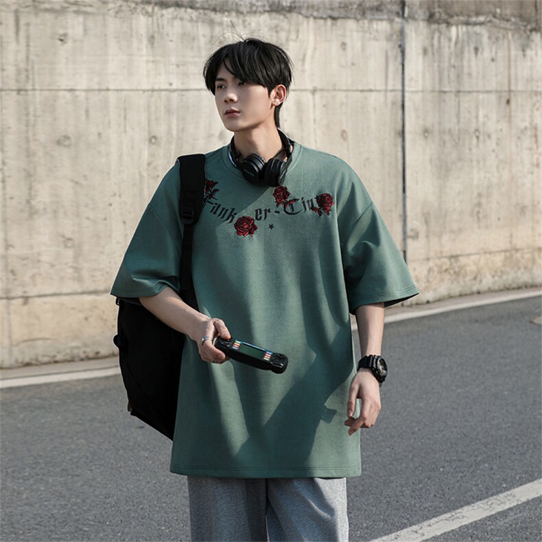 109-T988-P32M-6XL大码麂皮绒美式重磅玫瑰刺绣短袖宽松T恤控49,男装T恤,星座109