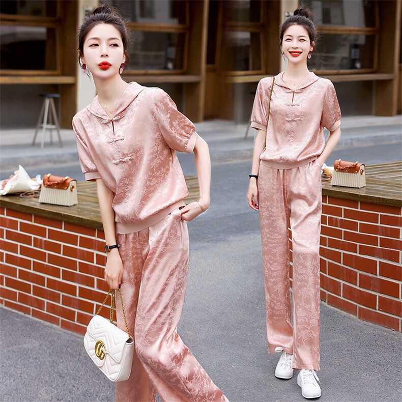 新中式盘扣时尚休闲套装女2025夏季新款提花短袖卫衣直筒裤两件套,女装套装/套裙,奕薇雅