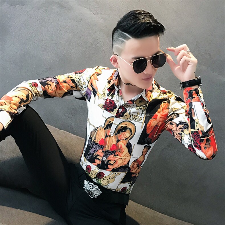 312A808-P50秋季社会风青年复古印花长袖衬衫韩版修身网红衬衣A,男装衬衫,星座312A-5