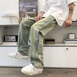 美式做旧牛仔裤男潮牌嘻哈复古宽松直筒休闲阔腿长裤潮流7241-p45图片