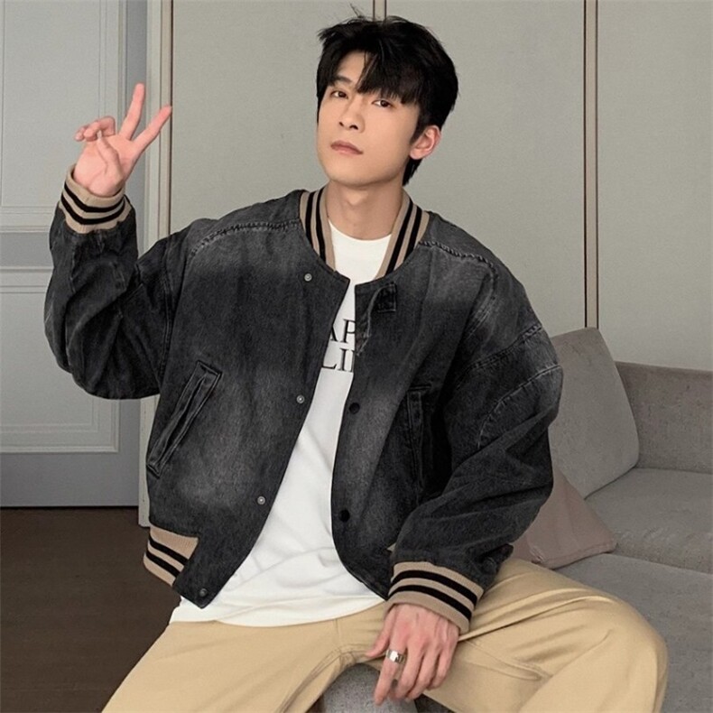 JK8948-P75秋cleanfit美式复古宽松水洗牛仔外套短款棒球服夹克,男装工装外套,电商B323A