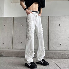 男春秋美式个性纯色牛仔裤割破流苏设计感休闲百搭长裤，男装牛仔裤，星座1013