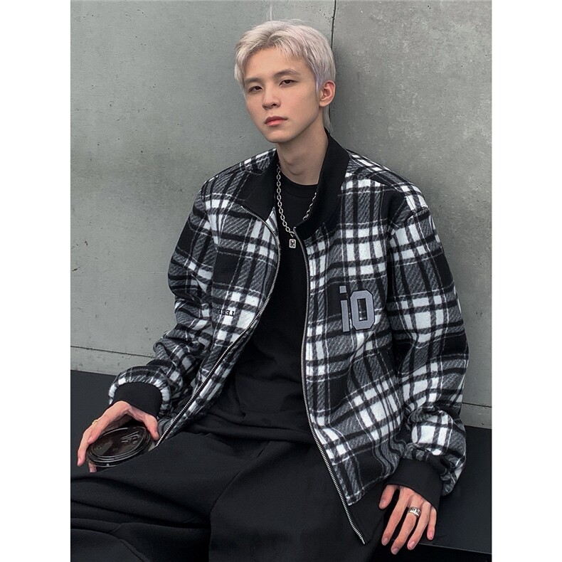 2024新款千鸟格棒球服领夹克青少年春秋撞色格子外套夹克JK98-P98,男装夹克,电商C307