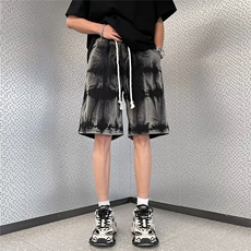 抽绳松紧腰扎染黑色牛仔短裤男夏季五分裤牛仔短裤DKS10-P40有货，男装牛仔裤，星座302B-3