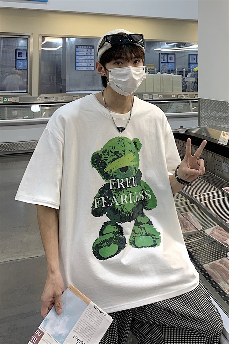 港风短袖上衣男夏潮流小熊印花百搭五分半袖T恤A071-5522-P28,男装T恤,电商A071