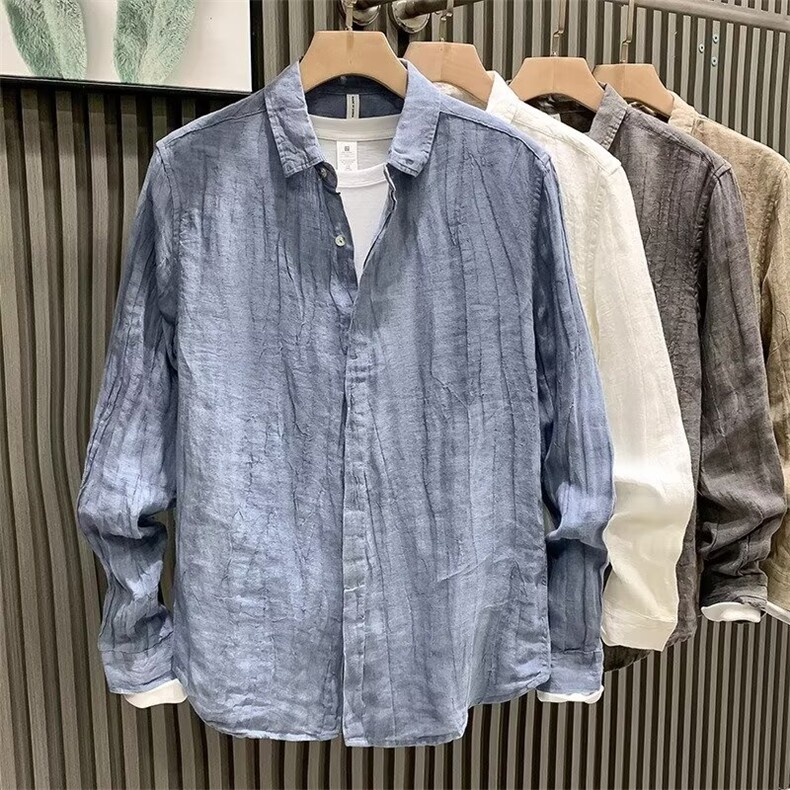 欧货潮牌春秋款高级感小众轻奢亚麻衬衫男长袖痞帅个性外套衣服潮,男装衬衫,电商B212（原钱塘6029）