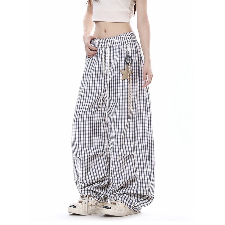 美式vibe复古星星挂饰格子裤女夏季宽松慵懒风垂坠感阔腿休闲裤子图片