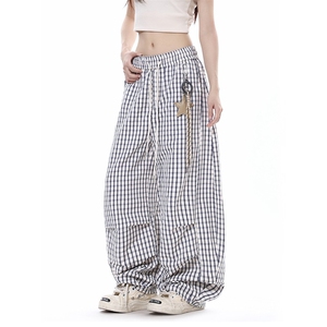 美式vibe复古星星挂饰格子裤女夏季宽松慵懒风垂坠感阔腿休闲裤子图片