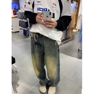 CP1176-P44 美式做旧牛仔裤男女阔腿休闲宽松街头复古水洗长裤图片