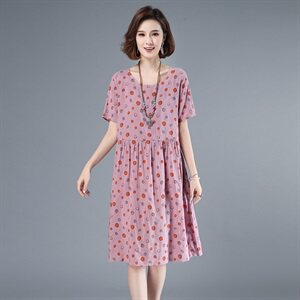 2021年夏季通勤韩版中长款A字裙圆领印花圆点套头40-49周岁裙子图片