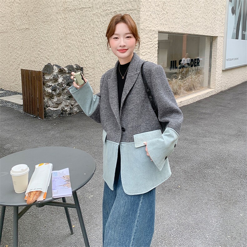 新款现货牛仔拼接双面羊绒外套2C007-170-P285-K428,女装羊绒大衣,2C007