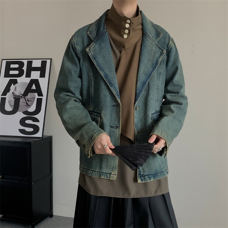 高级感做旧水洗牛仔西装外套开叉颓废复古小众男女休闲宽松夹克,男装夹克,星座909