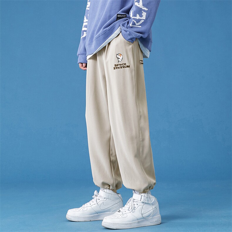 蓝底2024秋冬款个性后开叉宽松束脚运动休闲潮牌裤子2111-P45控69,男装休闲裤,星座914-3