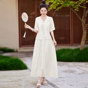 新中式国风套装裙女2024夏新款提花盘扣衬衫高腰显瘦半身裙两件套图片