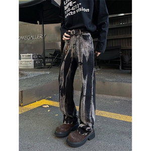 高街扎染牛仔裤男生小众设计感休闲裤子高腰显瘦直筒长裤 N8818图片