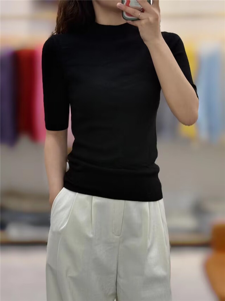 半高领精纺短袖女，女装T恤，挚尚羊绒