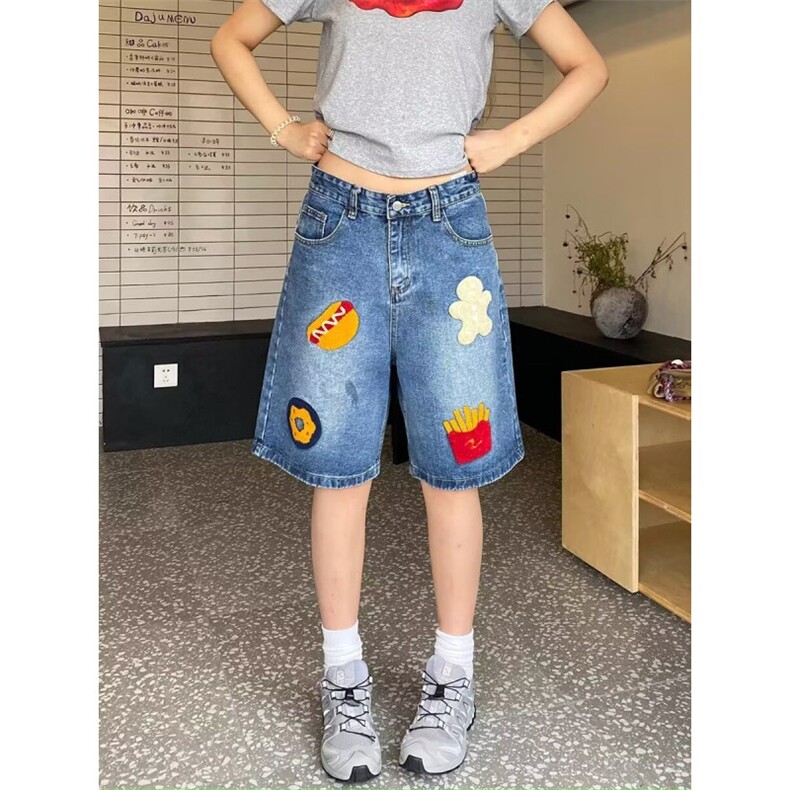 美式汉堡薯条五分裤牛仔裤男女2026春季新款高腰宽松阔腿短裤,男装牛仔裤,星座410-6（原星座1304-1）