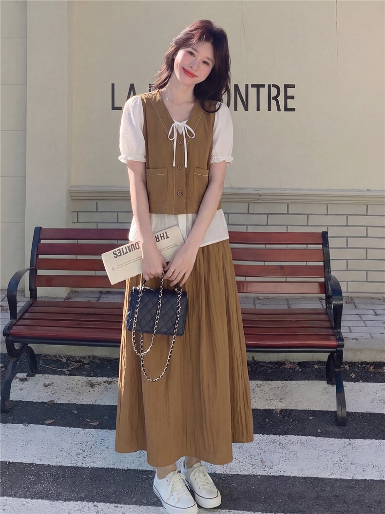 圆领条纹冰丝上衣+半身裙两件套送腰带,女装套装/套裙,采品优优
