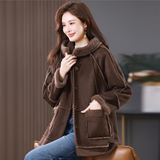 2025冬季时尚简约大方气质优雅显瘦休闲百搭潮流皮毛一体外套，女装羊羔毛/颗粒绒，独衣靓