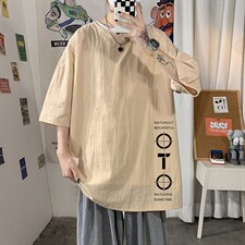 YT26114-P30亚麻短袖t恤男大码五分袖男宽松七分袖海报风,男装T恤,电商A040