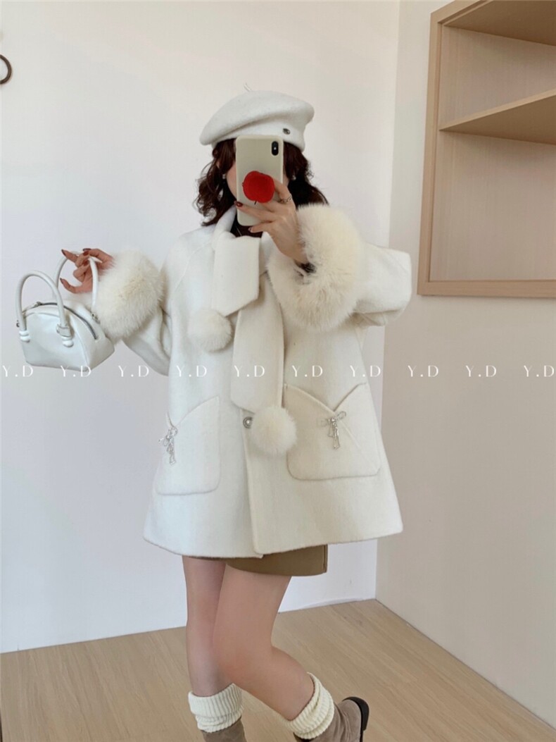 围巾领高级感氛围感小个子羊毛外套(配可拆卸袖毛)(含,女装双面呢大衣,依嘟服饰