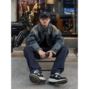 新款春秋美式复古水洗牛仔衣短外套男潮牌棒球服工装夹克
