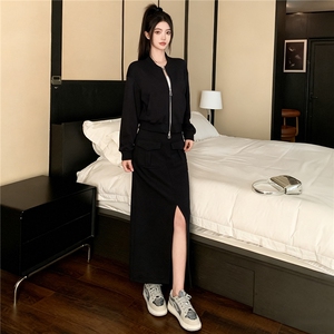 高级感时尚运动套装女秋季新款拉链开衫卫衣前开叉半身裙两件套潮