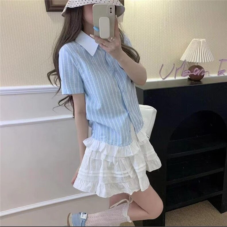 原创设计甜美少女感百搭条纹翻领收腰小飞袖短袖衬衫夏季衬衣上衣,男装T恤,星座506A