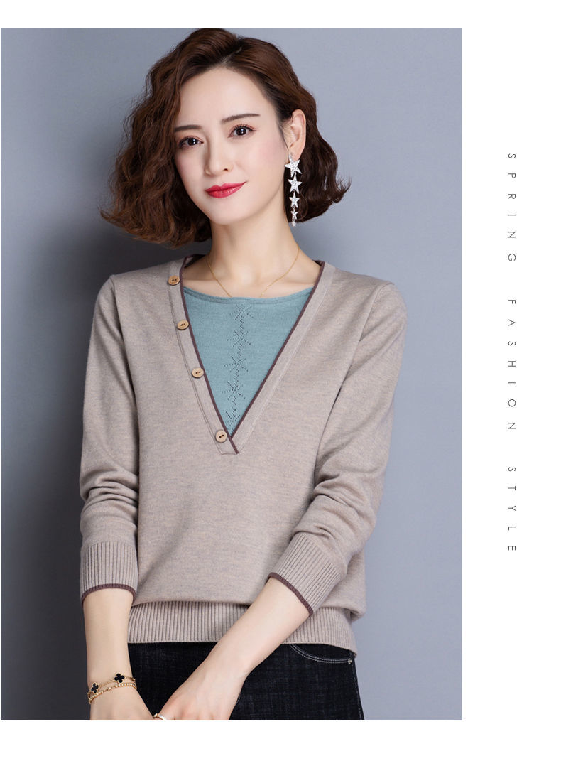 时尚百搭女士秋冬针织衫假两件长袖简约V领毛衣显瘦修身保暖上衣,针织衫/毛衣,洁纯羊绒