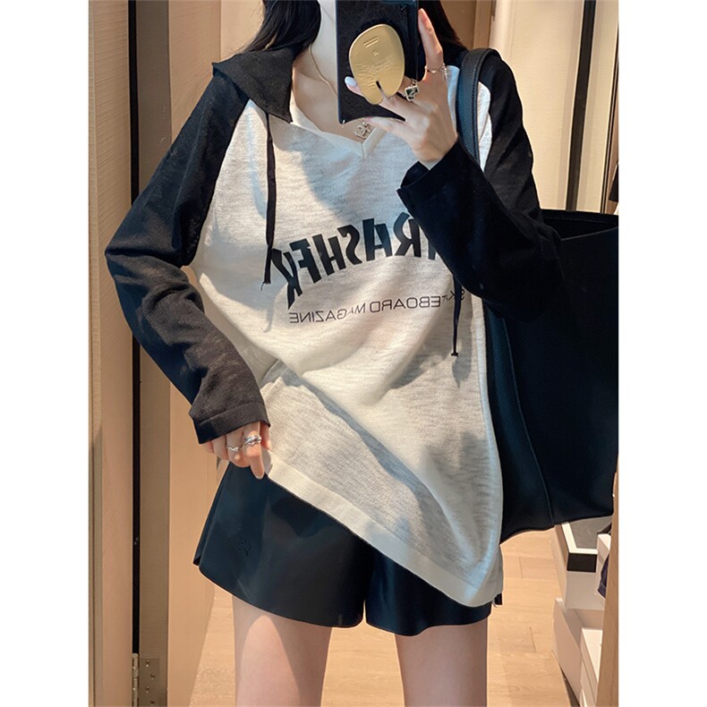 插肩袖V领拼色针织衫字母T恤女2022年早秋新款韩版简约百搭上衣,针织衫/毛衣,辉之琳