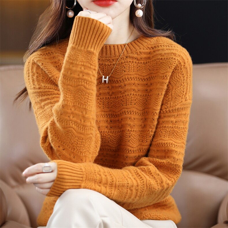时尚百搭女士圆领镂空羊毛衫羊毛保暖显瘦毛衣，女装羊毛衫，暮绒羊羊绒