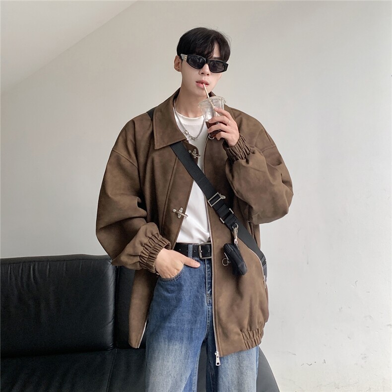 港风哑光皮金属扣设计大码夹克男水洗雪花皮衣男JK8741P130控168,男装夹克,星座227-7
